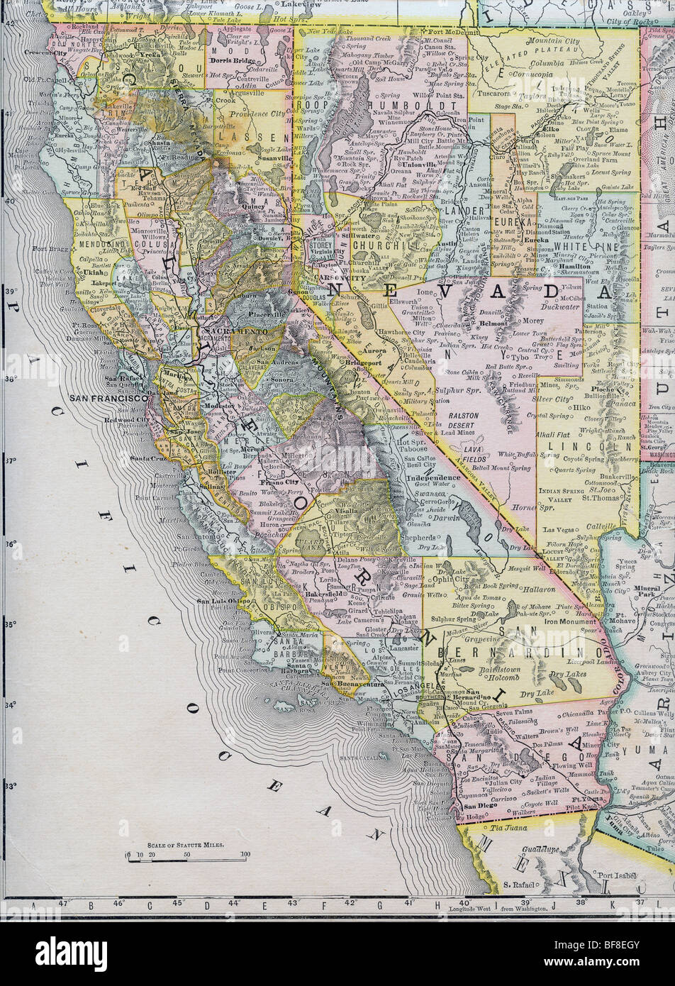 Originale vecchia mappa della California e Nevada dal 1884 la geografia di un libro di testo Foto Stock