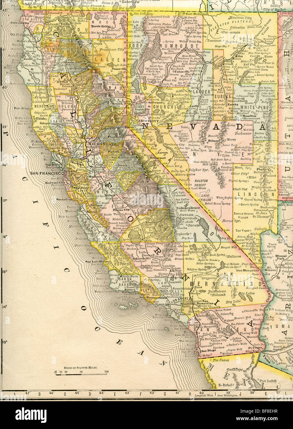 Originale vecchia mappa della California e Nevada dal 1884 la geografia di un libro di testo Foto Stock