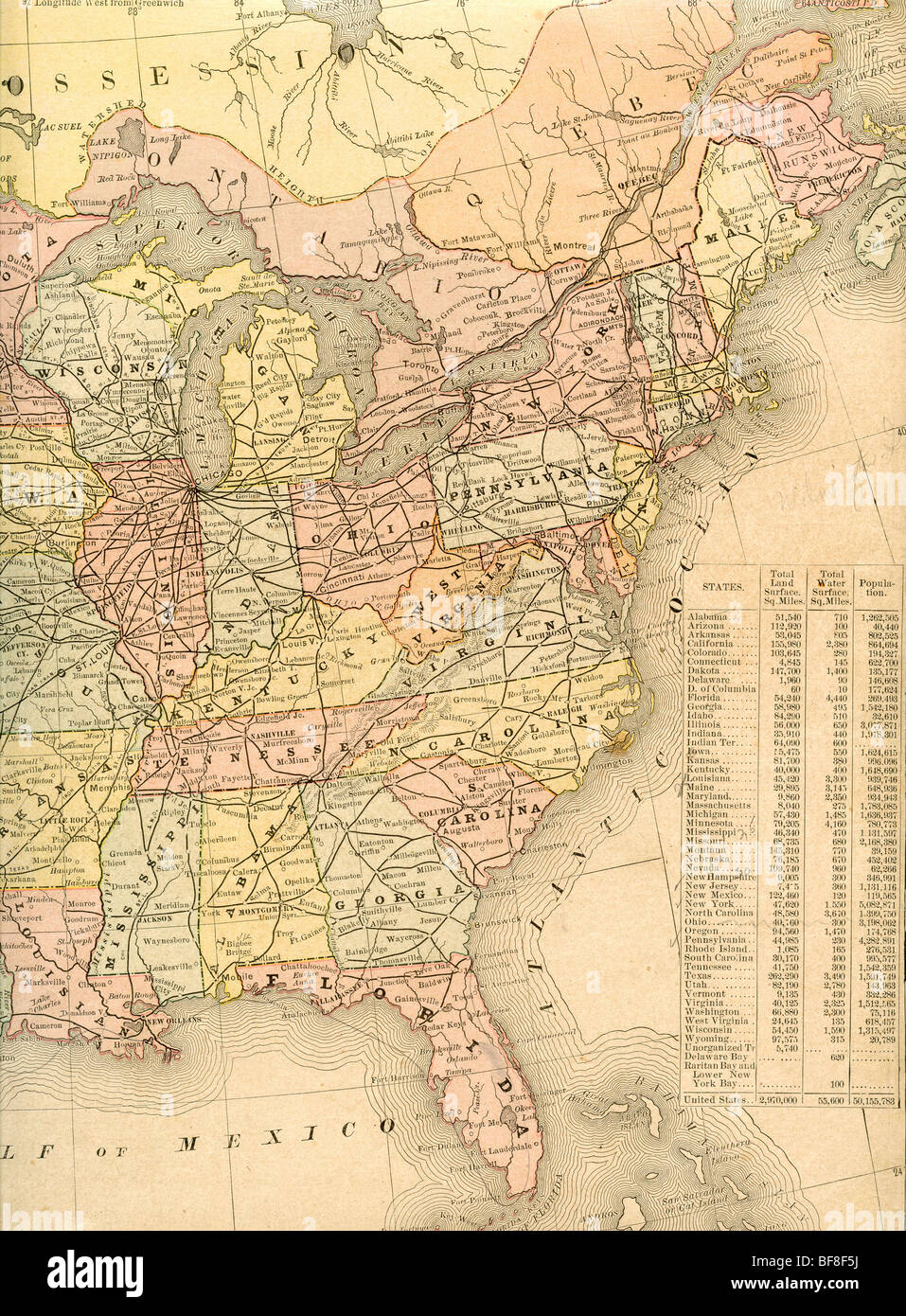 Originale vecchia mappa di Orientale Stati Uniti dal 1884 la geografia di un libro di testo Foto Stock