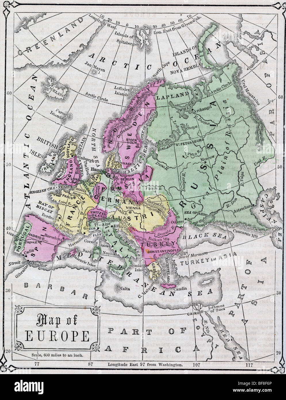 Originale vecchia Mappa di Europa dal 1865 la geografia di un libro di testo Foto Stock