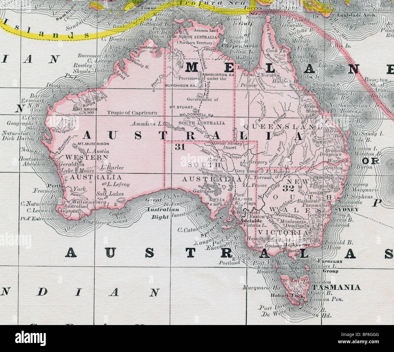 Originale vecchia mappa di Australia dal 1884 la geografia di un libro di testo Foto Stock