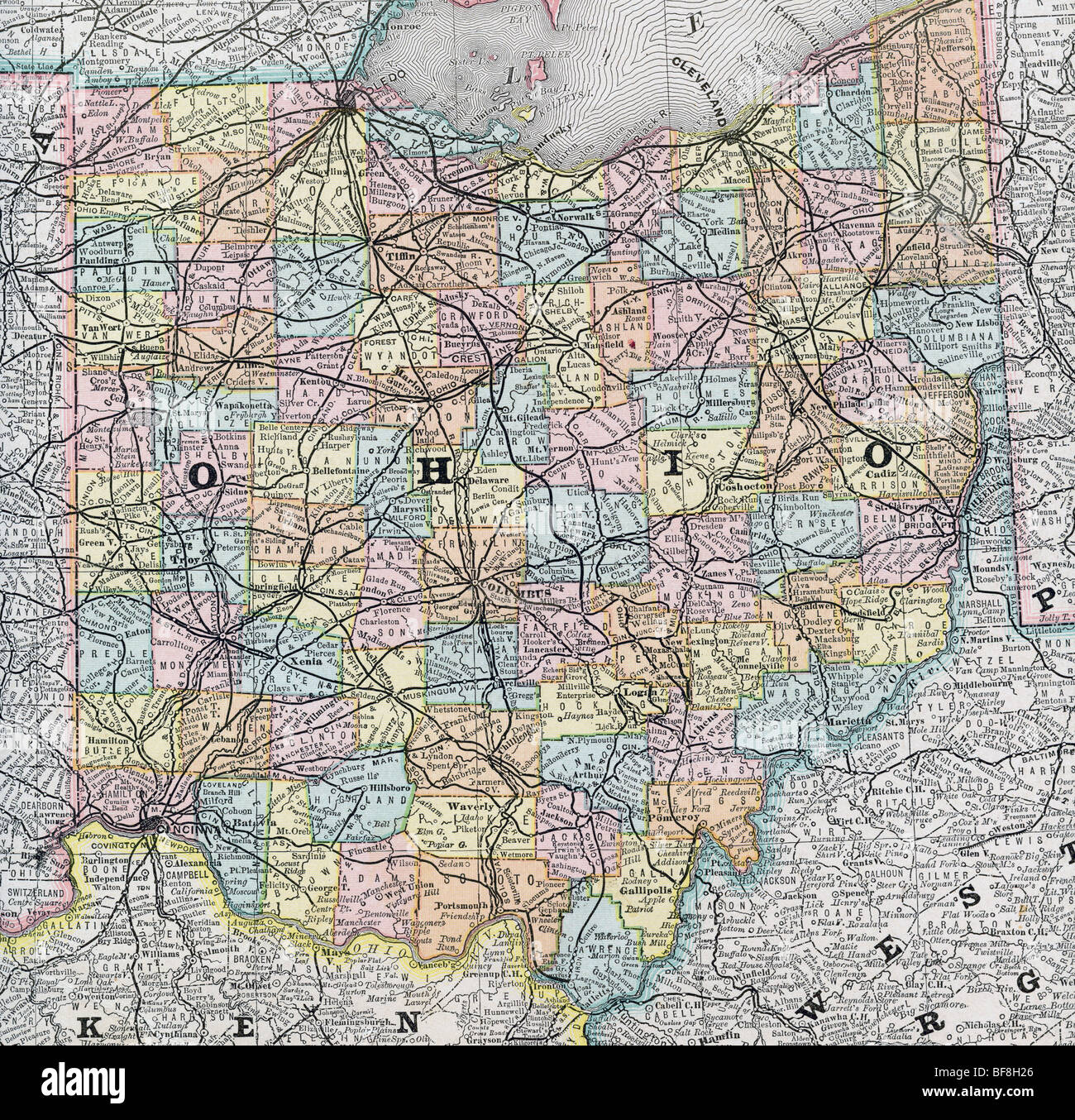 Originale vecchia mappa di Ohio dal 1884 la geografia di un libro di testo Foto Stock