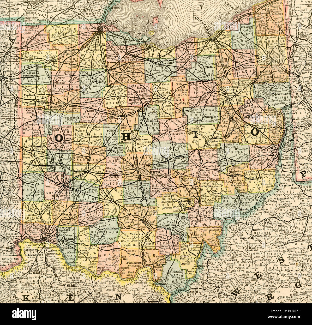 Originale vecchia mappa di Ohio dal 1884 la geografia di un libro di testo Foto Stock