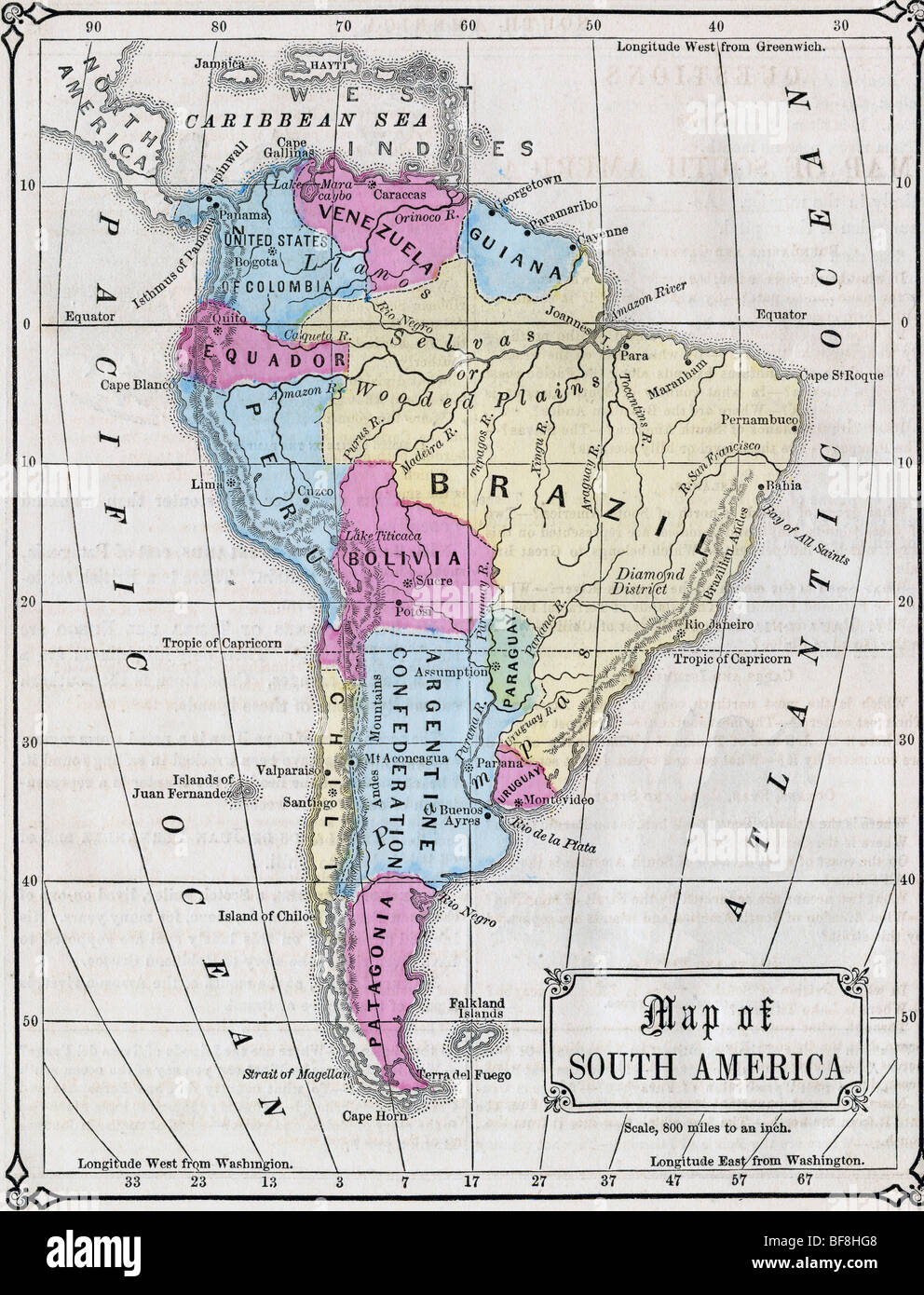 Originale vecchia Mappa di Sud America da 1865 geografia di un libro di testo Foto Stock