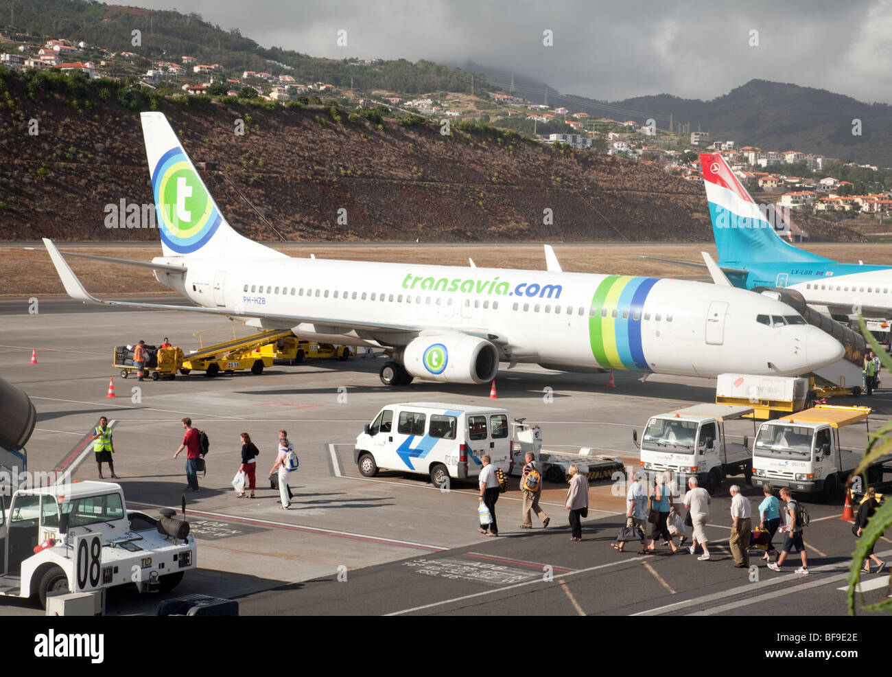 Un piano di Transavia su asfalto, l'aeroporto di Funchal, Funchal, Madeira Foto Stock