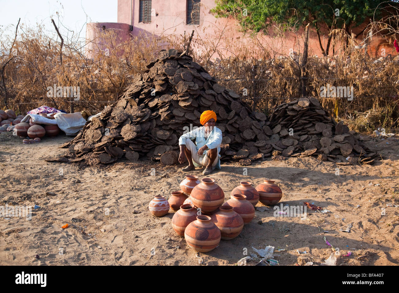 Sterco di cammello come biocarburante al Camel Fair in Pushkar India Foto Stock