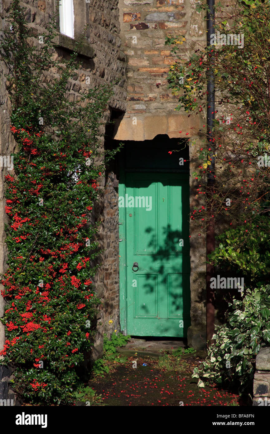 Cottage in pietra con una porta verde con completa arbusto con bacche rosse situato in Reeth Swaledale Yorkshire Foto Stock