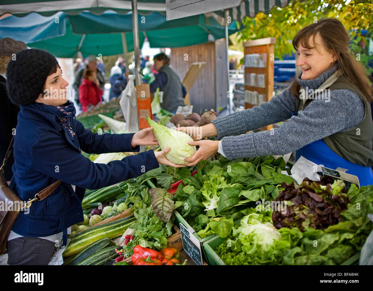 Una giovane donna acquisto di origine vegetale su un mercato agricolo , Berlino , Germania Foto Stock