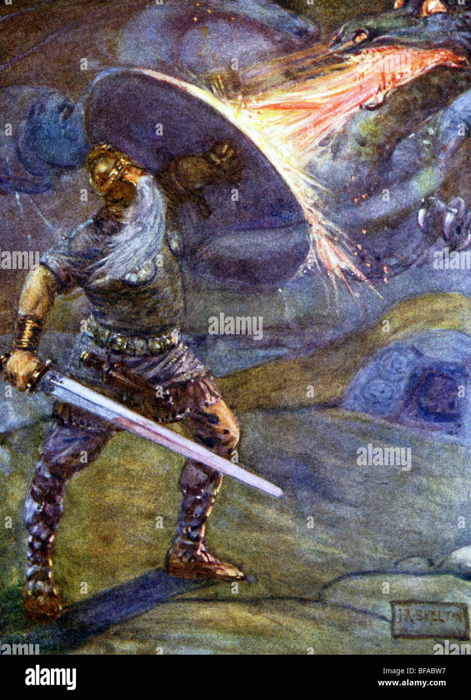 La leggenda di Beowulf.ha ricevuto la spada Naegling dopo aver sconfitto il mostro Grendel, ma non sopravvivere a questa lotta con il drago. Foto Stock