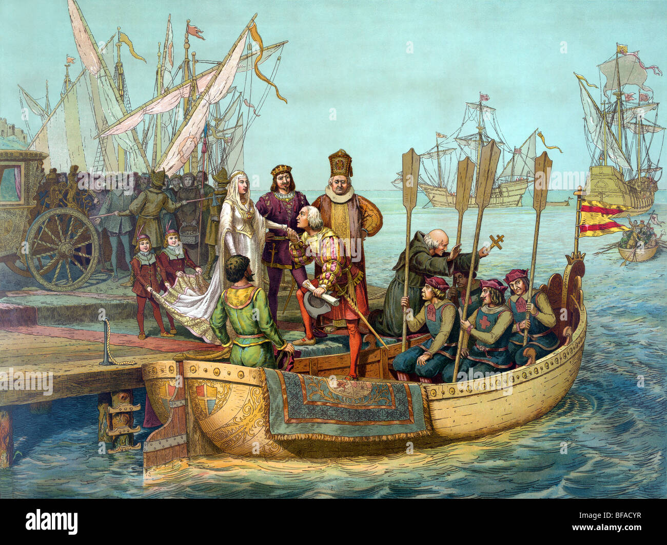 Stampare c1893 intitolata " Il primo viaggio" - Cristoforo Colombo dice addio alla Regina Isabella come egli parta per il Nuovo Mondo. Foto Stock