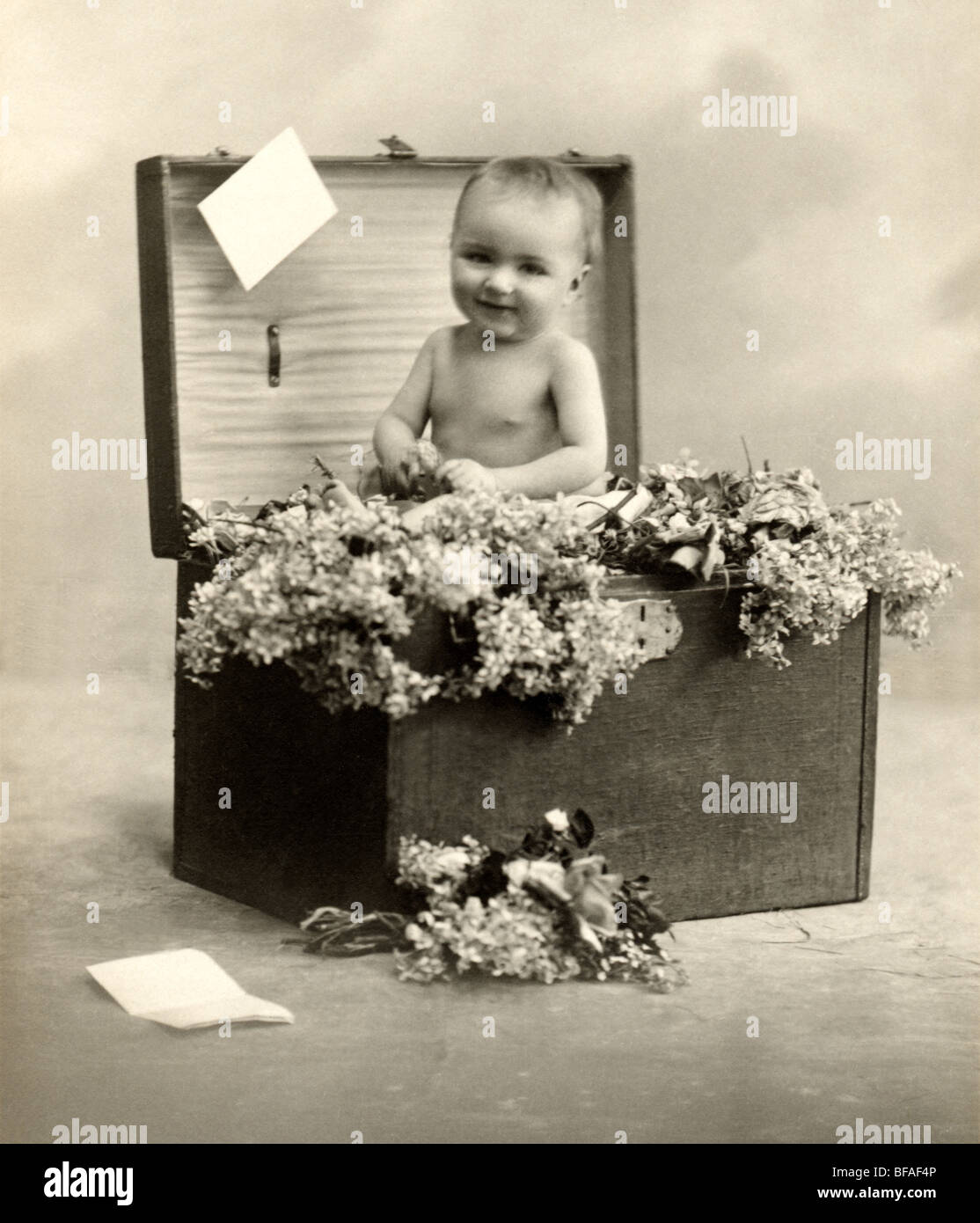 Bambino in scatola riempita con fiori Foto Stock