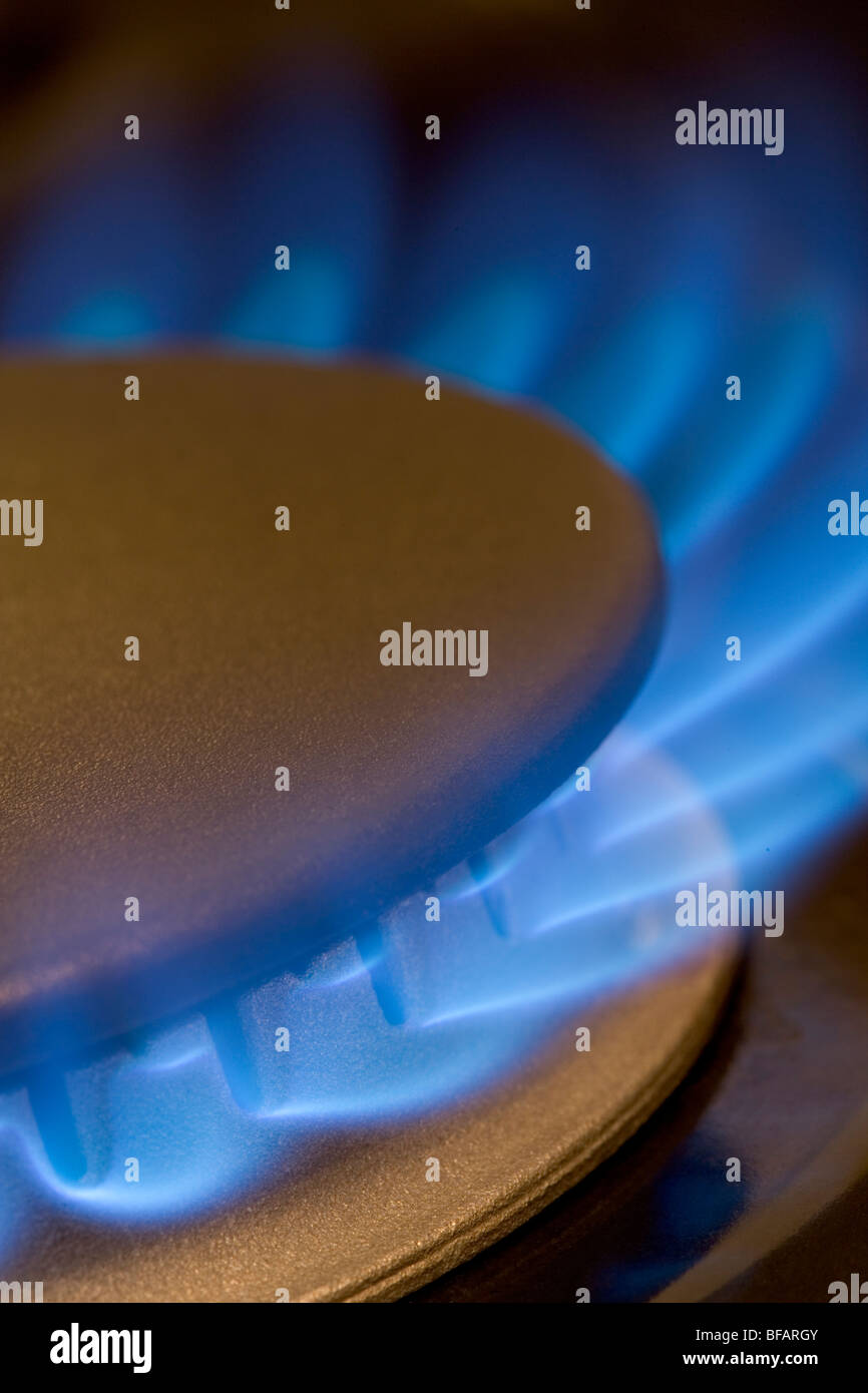 Un fornello e bruciatore a gas con le sue fiamme blu Foto Stock