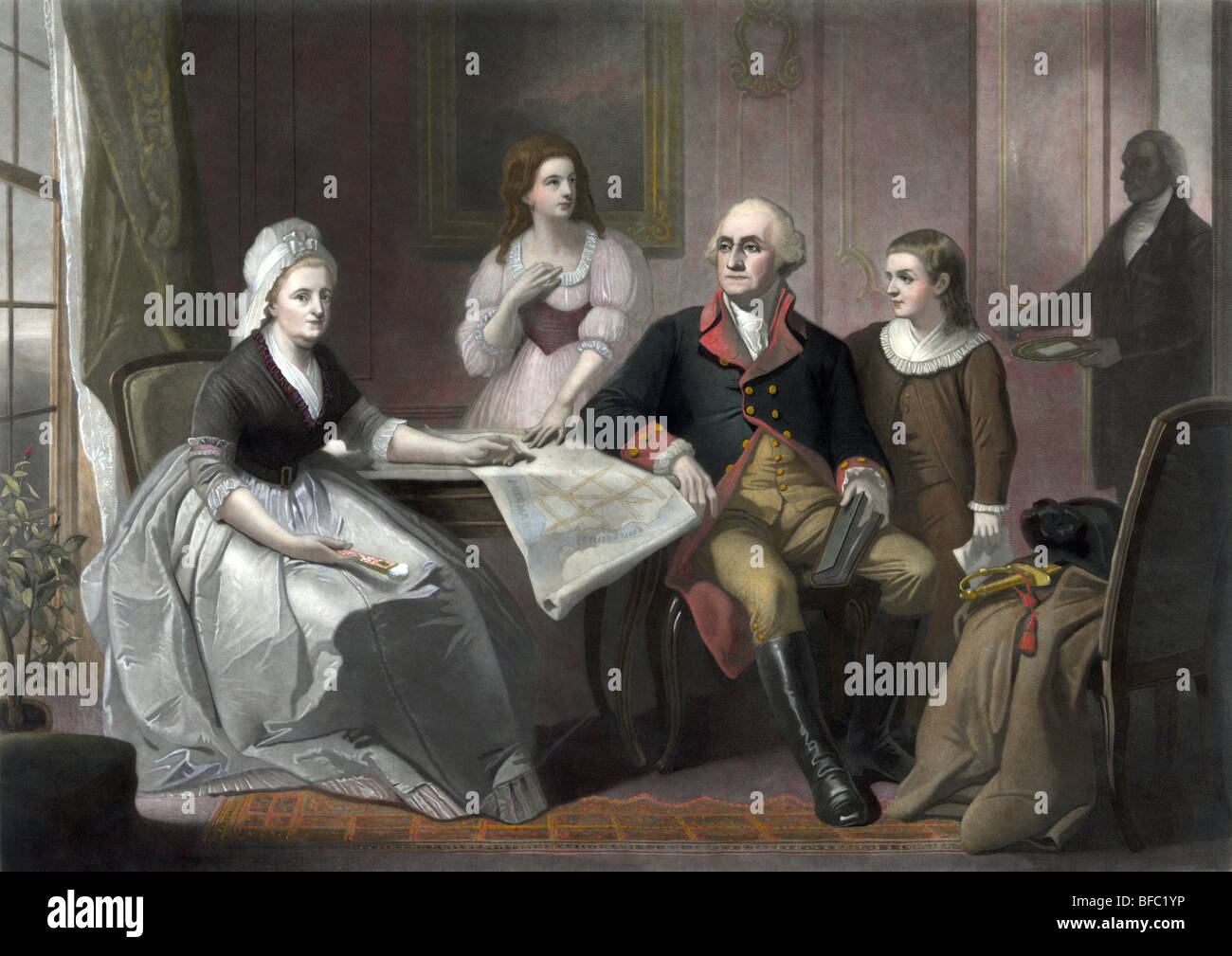 Ritratto c1864 di George Washington e la sua famiglia - Washington (1732 - 1799) fu il primo Presidente degli Stati Uniti (1789 - 1797). Foto Stock