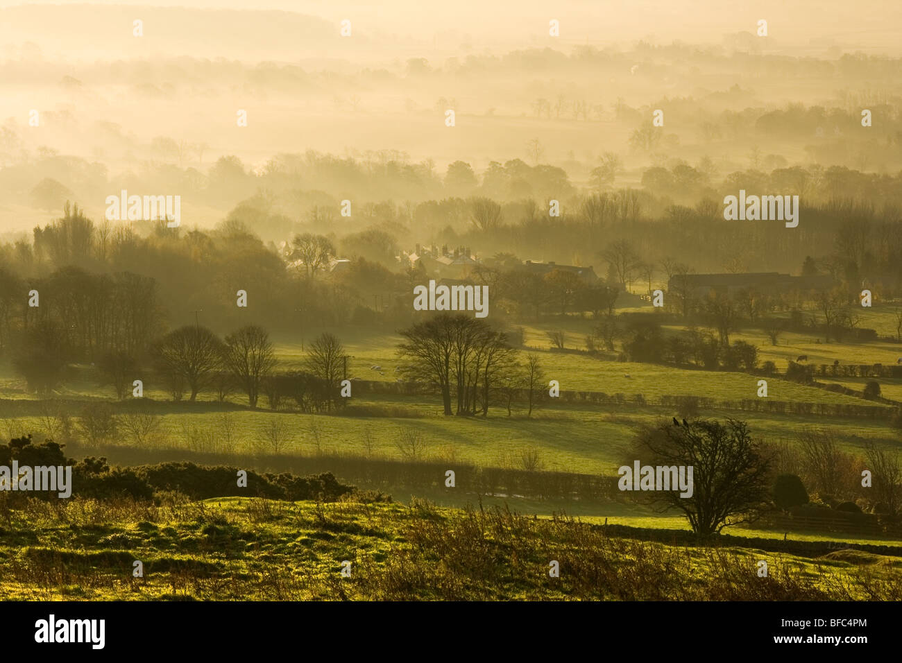 Sunrise, e la nebbia riempie la valle di Wharfedale in North Rigton, vicino a Harrogate nel North Yorkshire, Regno Unito Foto Stock