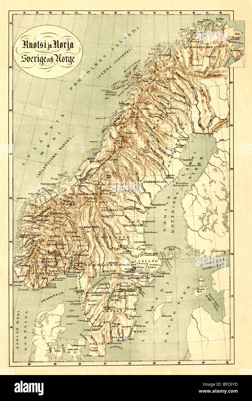 Mappa vecchia della Scandinavia (19 secoli) Foto Stock