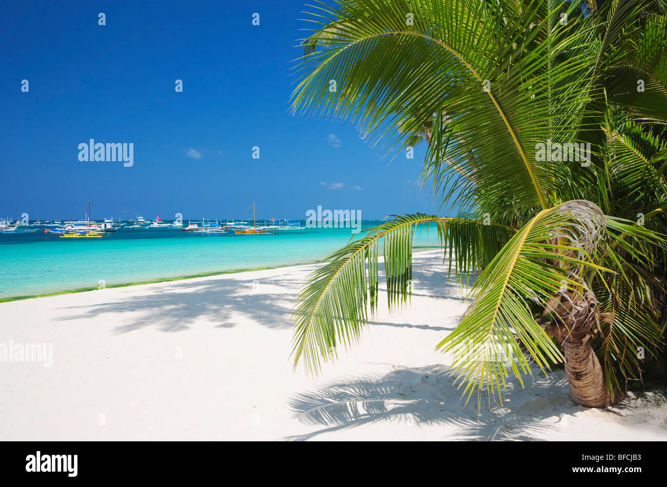 Spiaggia di sabbia bianca e mare, palme e cielo blu Boracay; Il Visayas; Filippine. Foto Stock