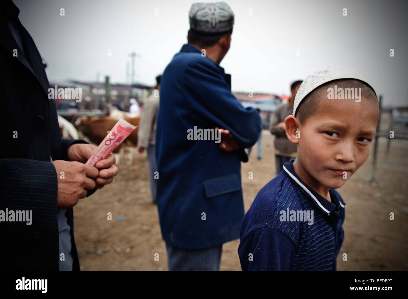 Uyghur ragazzo su Kashgar mercato del bestiame. Foto Stock