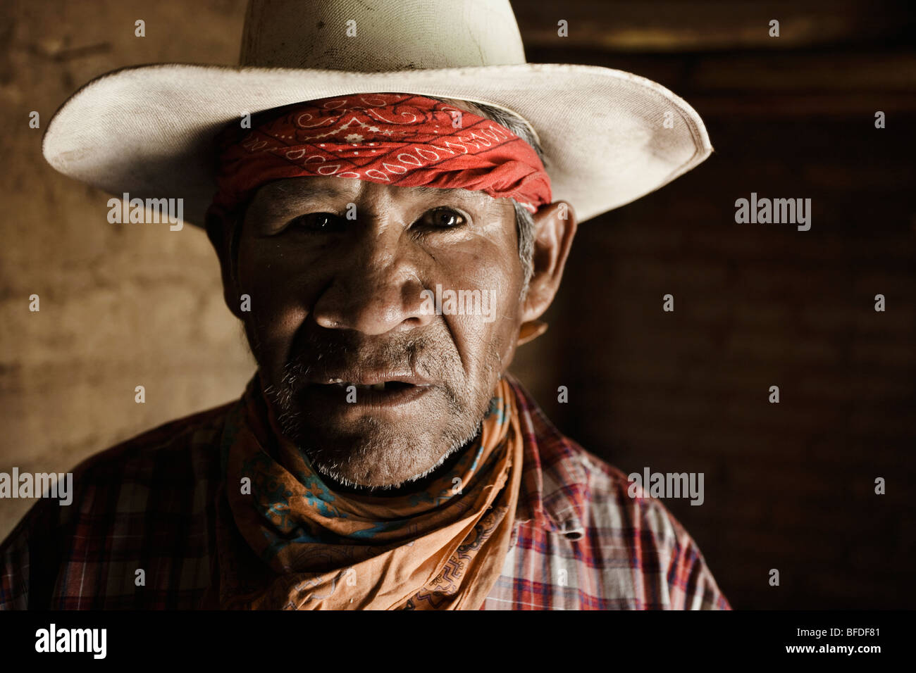 Ritratto di Tarahumara vecchio uomo dentro la sua casa a Guachochi, Chihuahua, Messico. Foto Stock