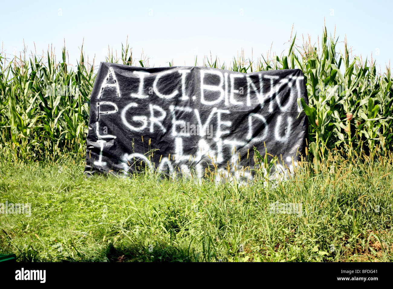 Gli agricoltori francesi segno di protesta contro l'Unione europea politica di latte, GAN Foto Stock