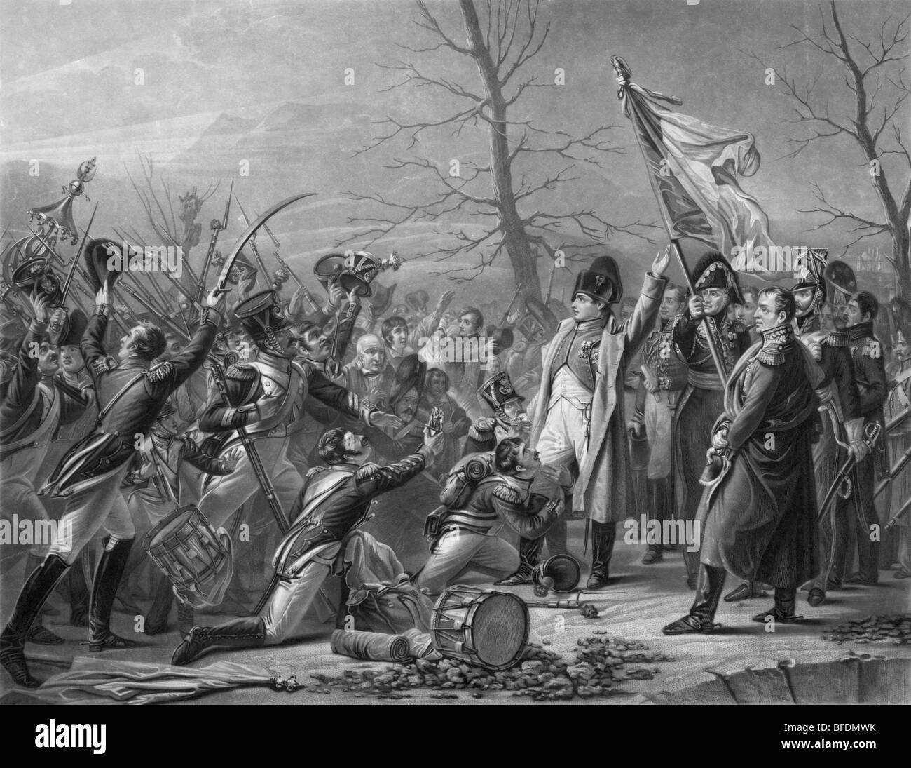 Stampa raffigurante Napoleone Bonaparte saluto le truppe francesi e i cittadini al suo ritorno dall'Isola d'Elba il 7 marzo 1815. Foto Stock