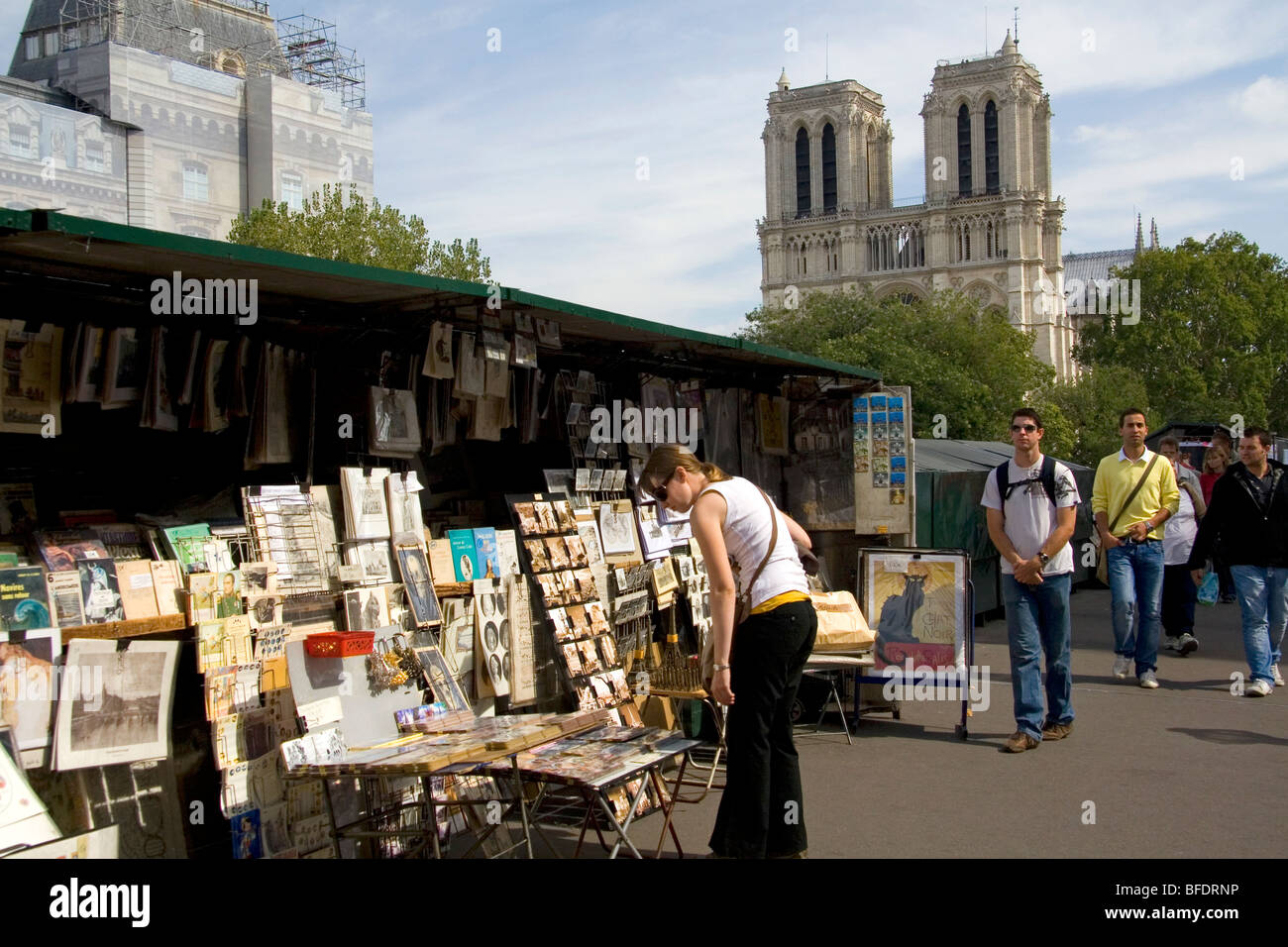 Venditore ambulante di fronte alla facciata occidentale della cattedrale di Notre Dame de Paris, Francia. Foto Stock