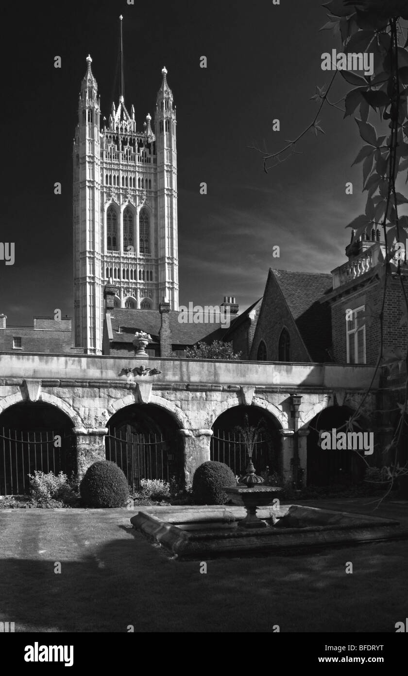 Palazzo di Westminster - Victoria Torre visto da Santa Caterina Chappel Gardens Foto Stock