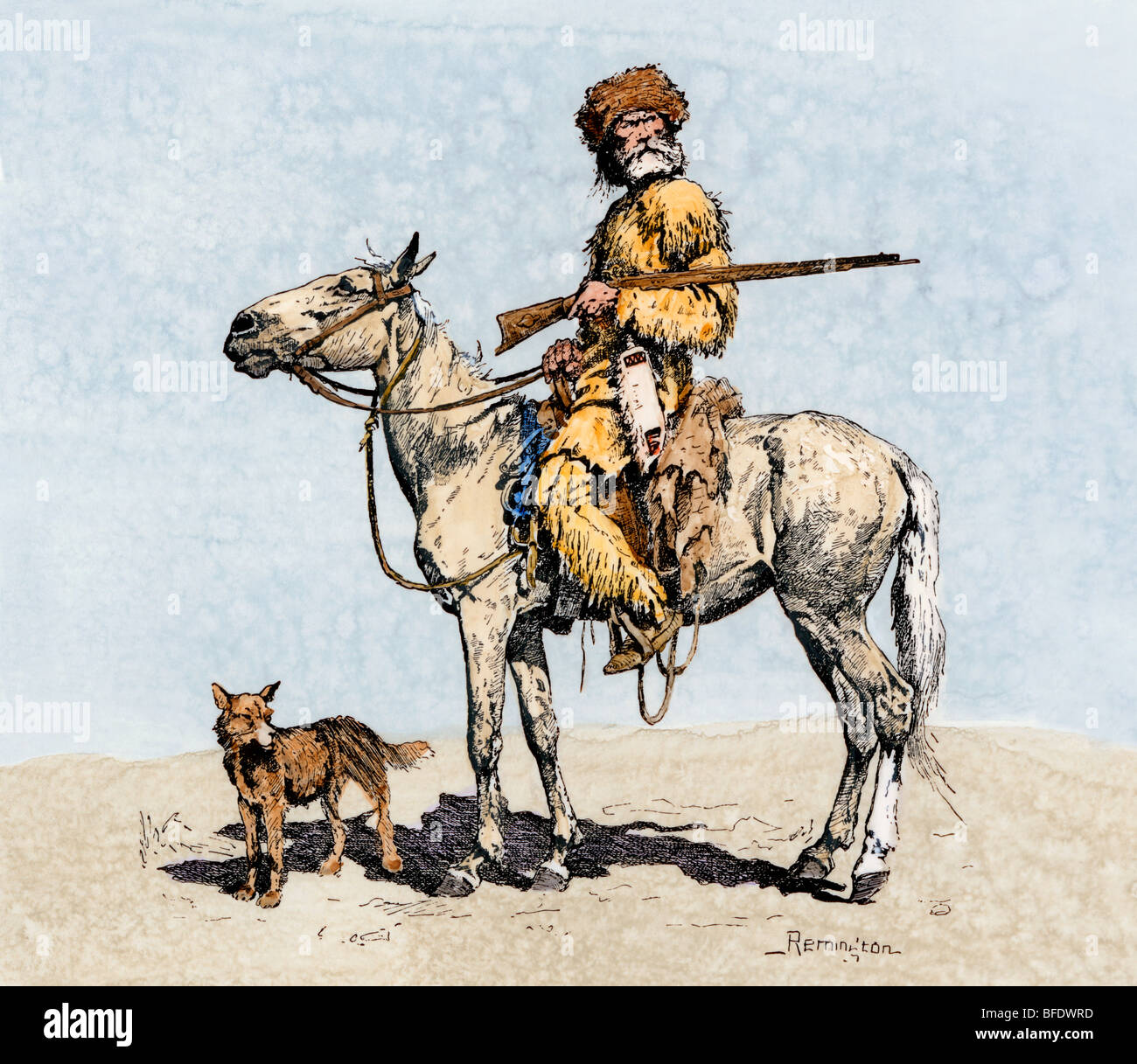 Il vecchio cacciatore di animali da pelliccia nell'Ovest americano, 1800s. Colorate a mano la xilografia di Frederic Remington illustrazione Foto Stock