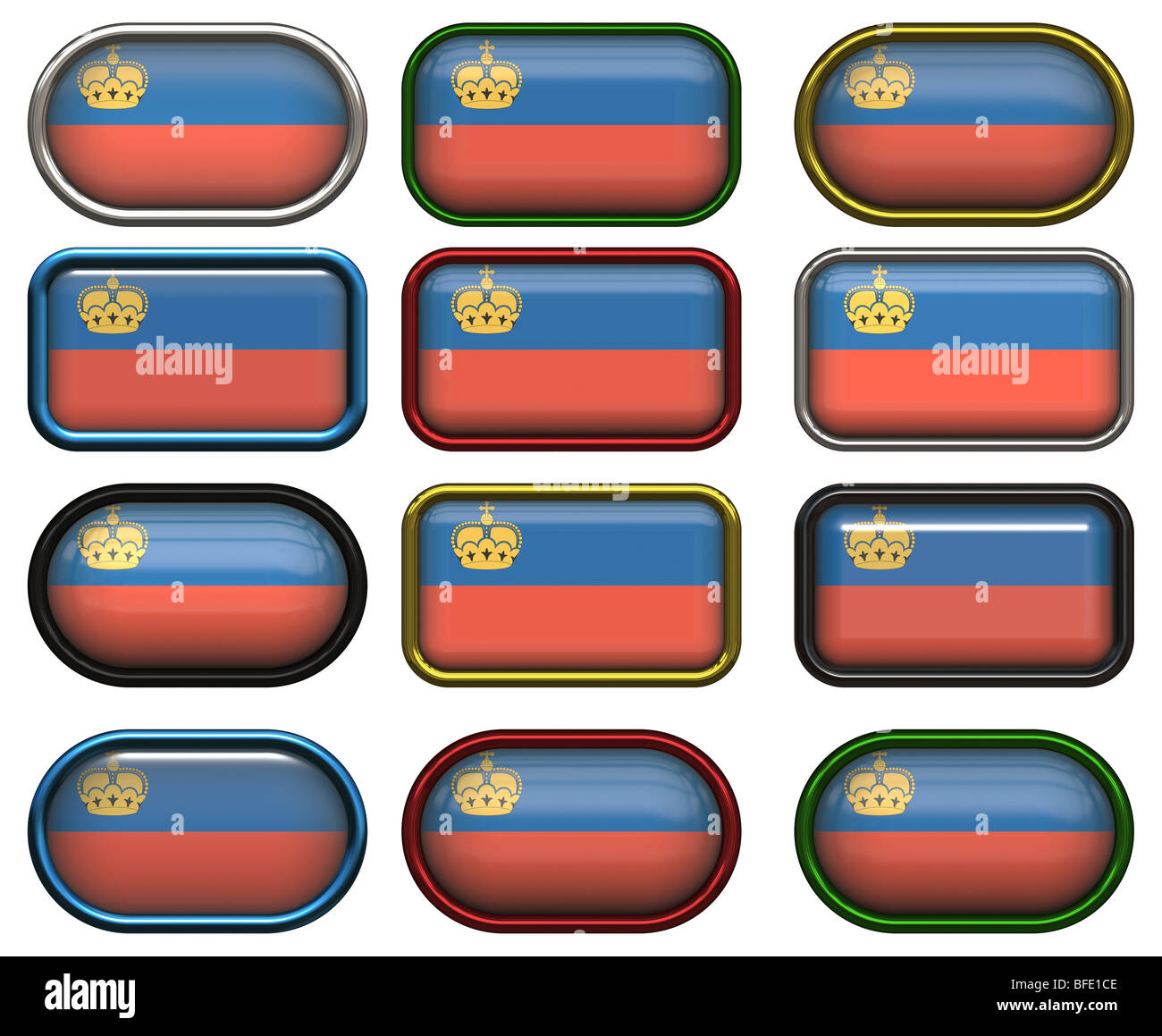Dodici grandi pulsanti della bandiera del Liechtenstein Foto Stock