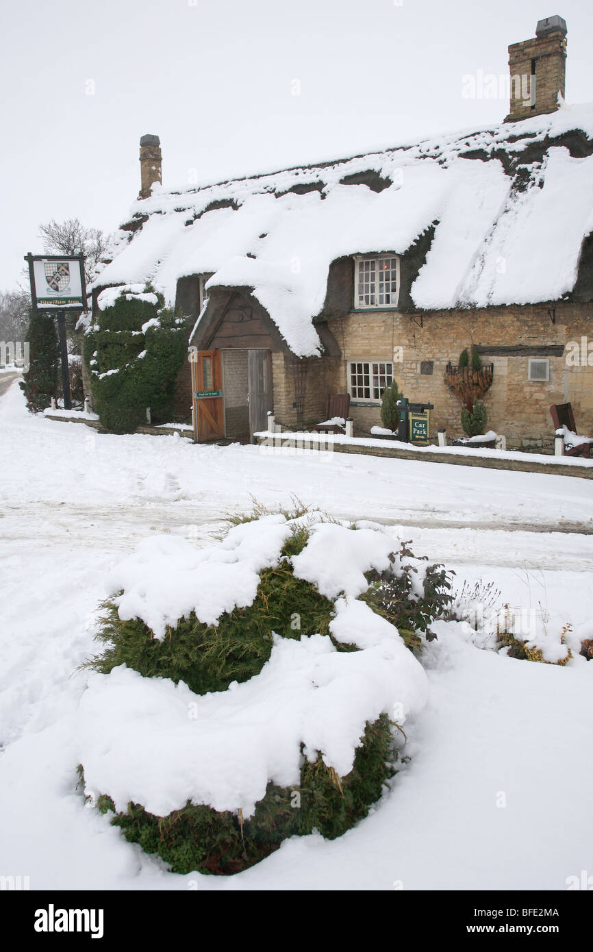 In inverno la neve verde Topiaria da uomo Privet Hedge Green Man Pub villaggio Marholm Cambridgeshire England Regno Unito Foto Stock