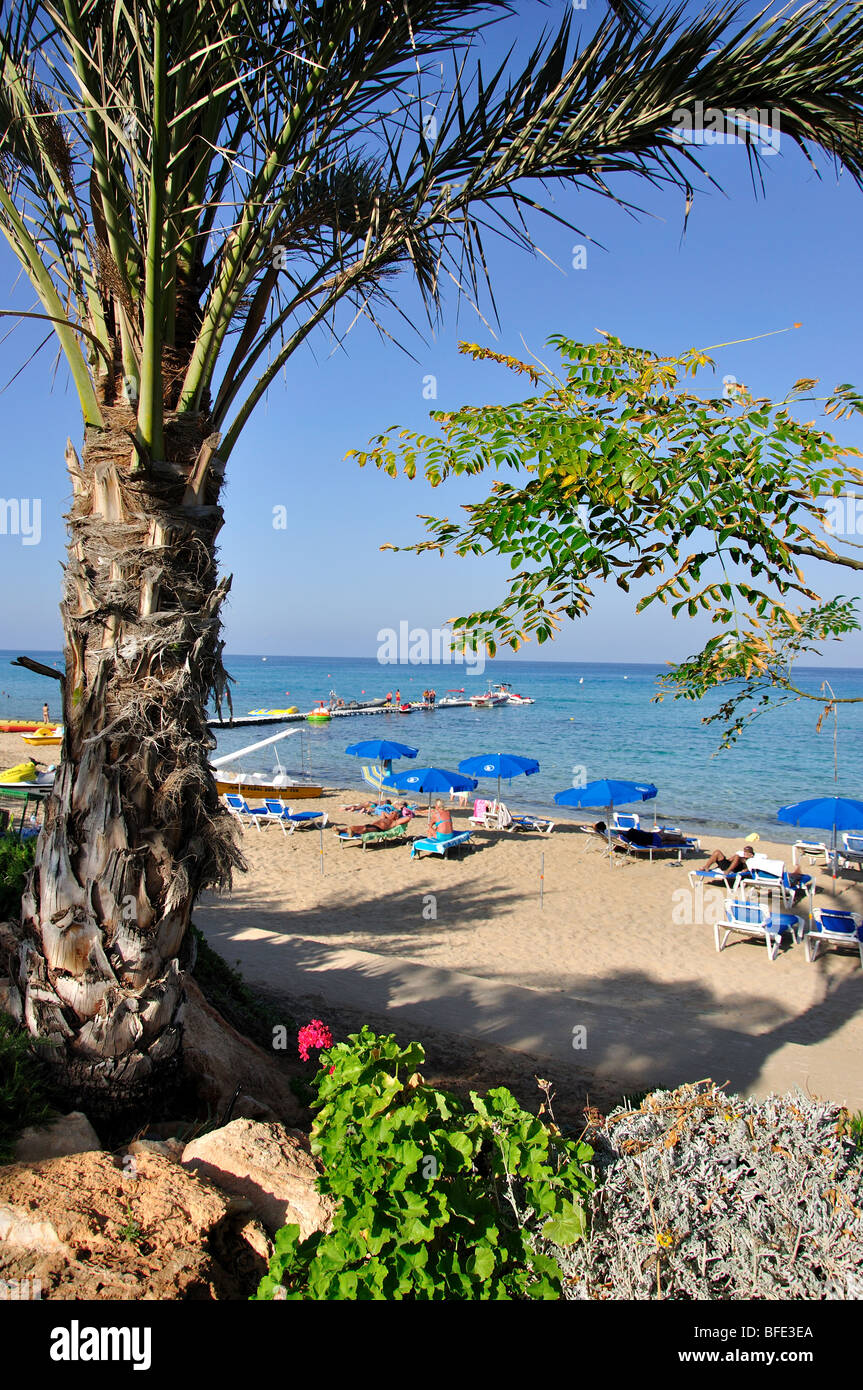 Vista della spiaggia, Protaras Bay, Protaras, Famagusta District, Cipro Foto Stock