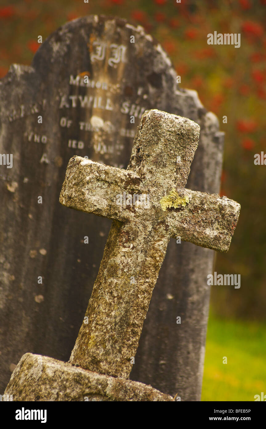 Pietra tombale e croce nel cimitero Dartmoor Devon Regno Unito Foto Stock