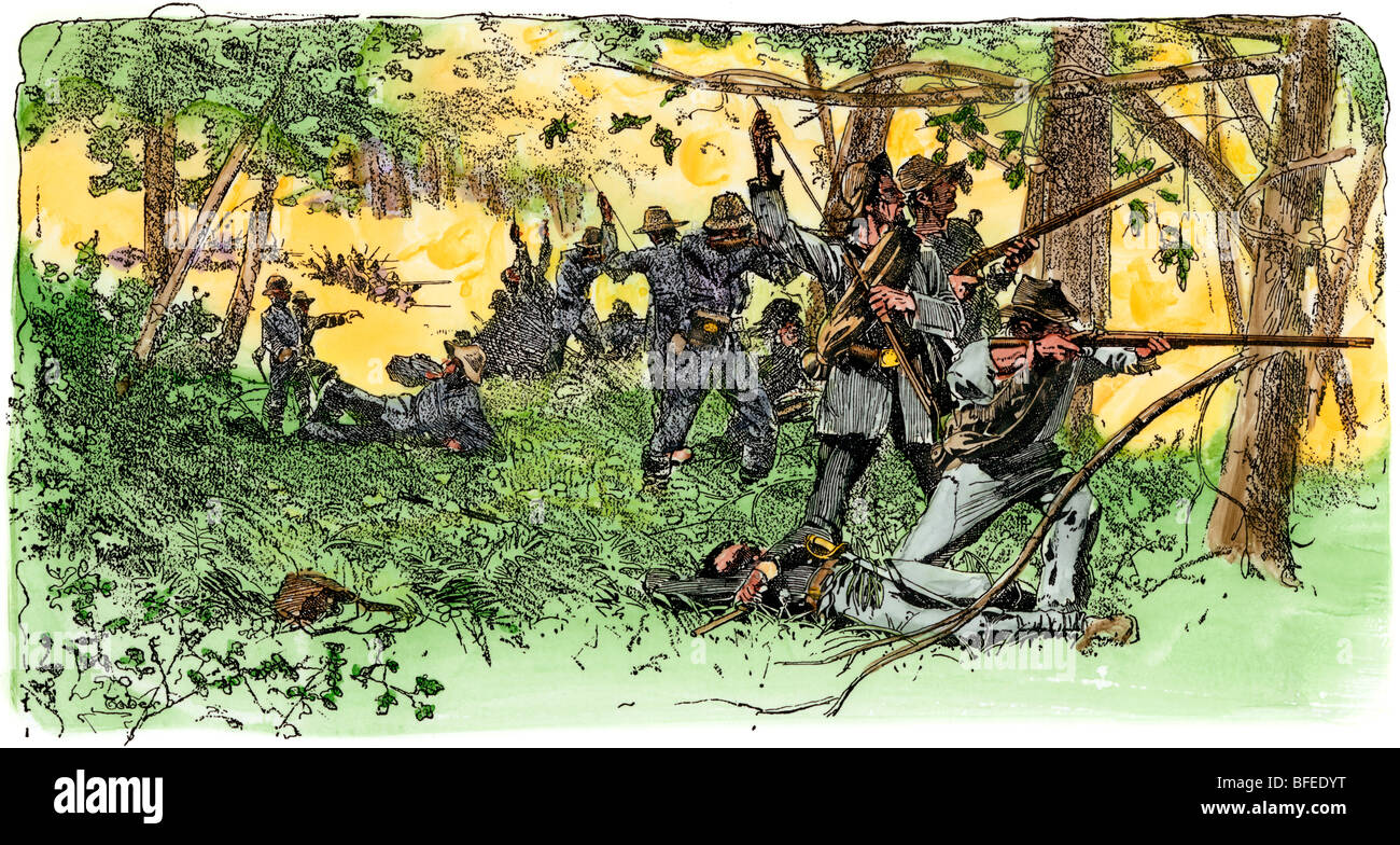 Di Bragg e confederati sparare da boschi a Chickamauga, Georgia, 1863. Colorate a mano la xilografia Foto Stock
