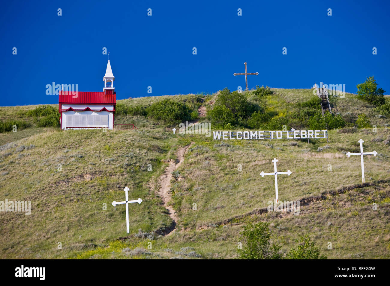 Mission de qu'appelle Chiesa, fondata nel 1865, nella città di Lebret, Qu'appelle Valley, Saskatchewan, Canada Foto Stock