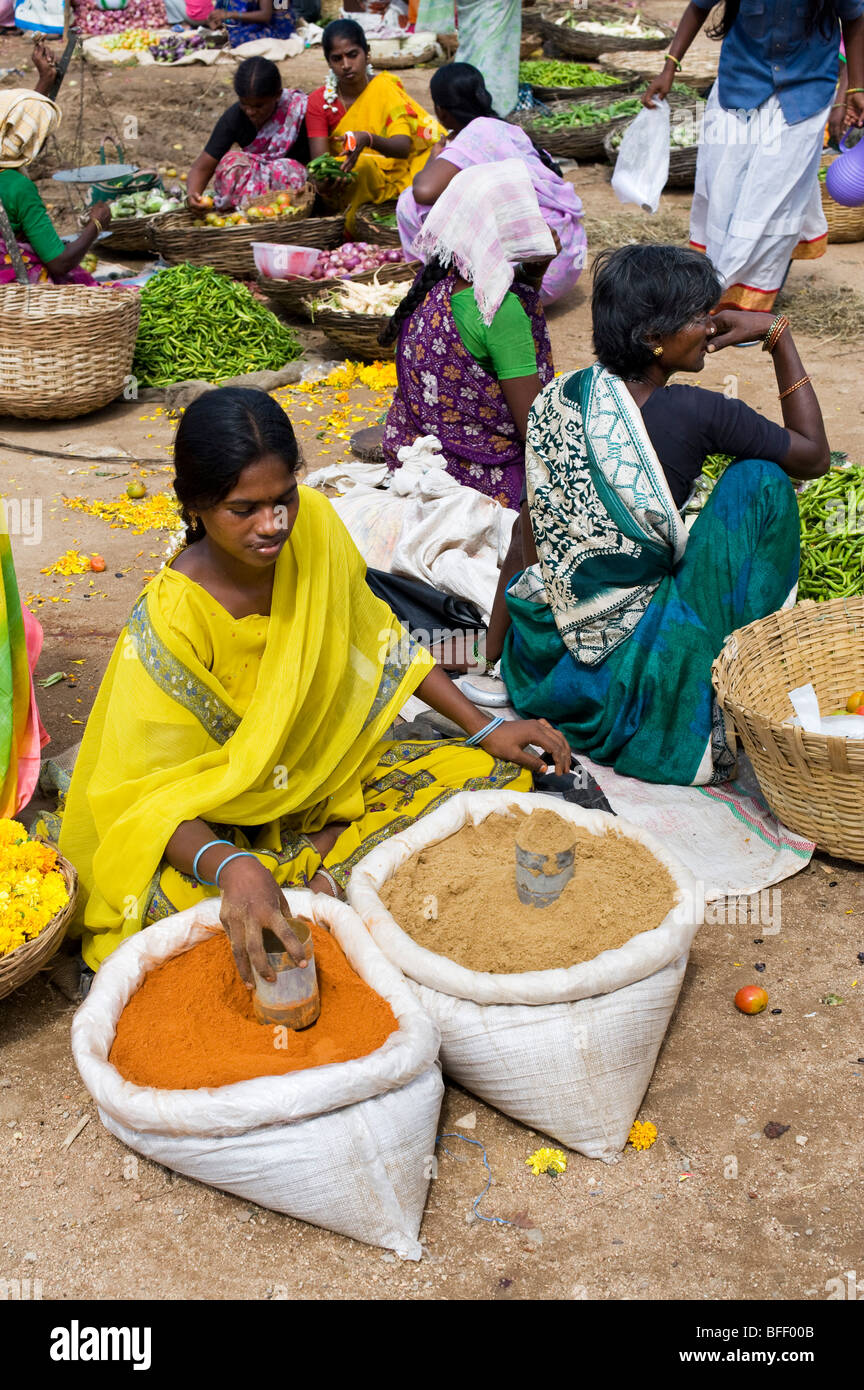 Donna vendita di spezie indiane al mercato in Puttaparthi, Andhra Pradesh, India Foto Stock