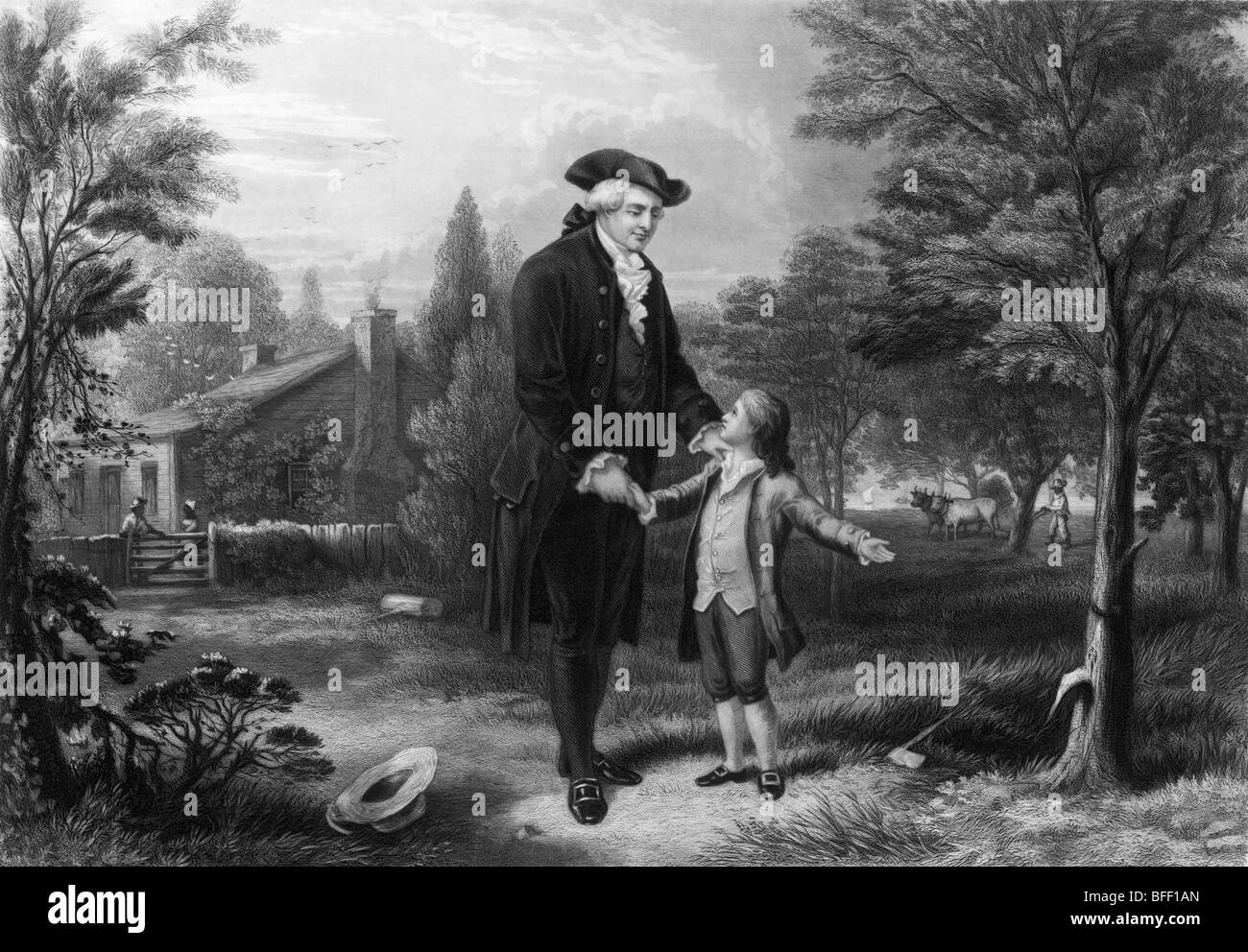 Stampa di George Washington come un ragazzo di confessare a suo padre Agostino che ha ucciso uno dei suoi alberi di ciliegio con un ascia. Foto Stock