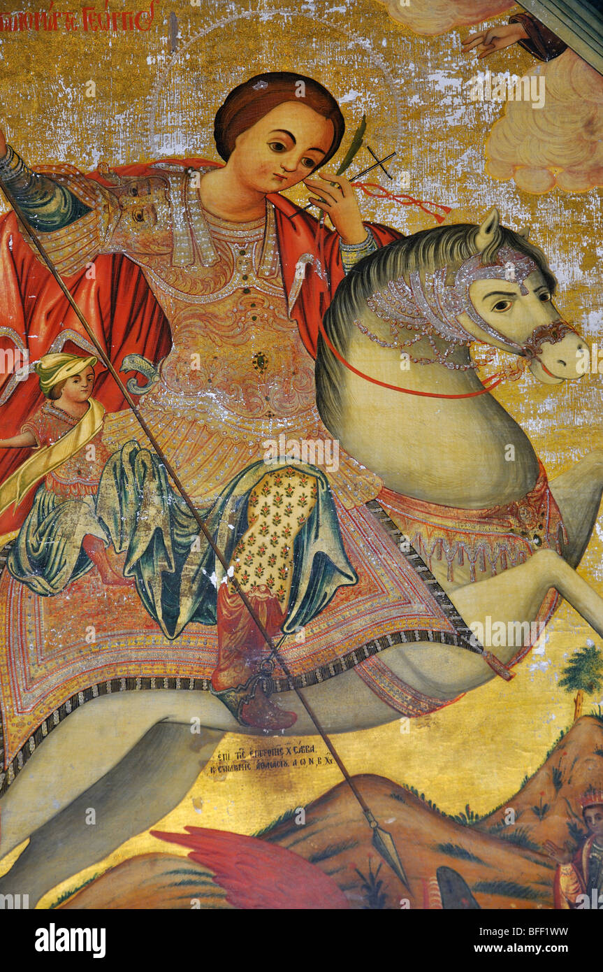 San Giorgio che uccide dragon icona, Bellapais Abbey, Bellapais, Kyrenia District, la parte settentrionale di Cipro Foto Stock