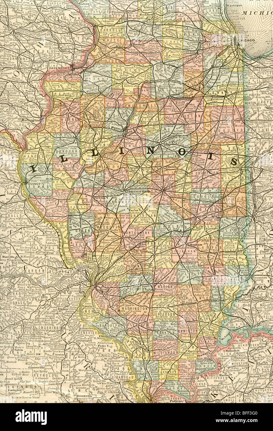 Autentico antico mappa di Illinois da 1884 geografia di un libro di testo Foto Stock