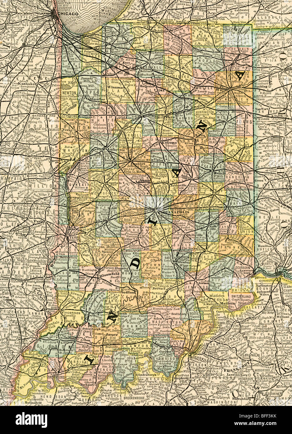 Originale vecchia mappa di Indiana da 1884 geografia di un libro di testo Foto Stock