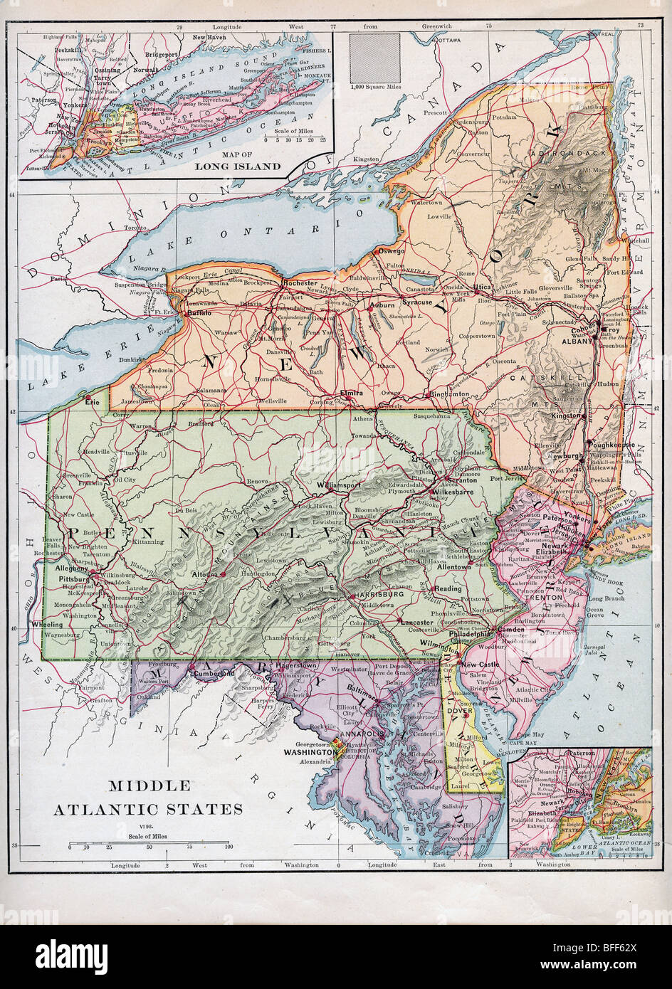 Originale vecchia mappa di Mid-Atlantic membri dal 1879 la geografia di un libro di testo Foto Stock