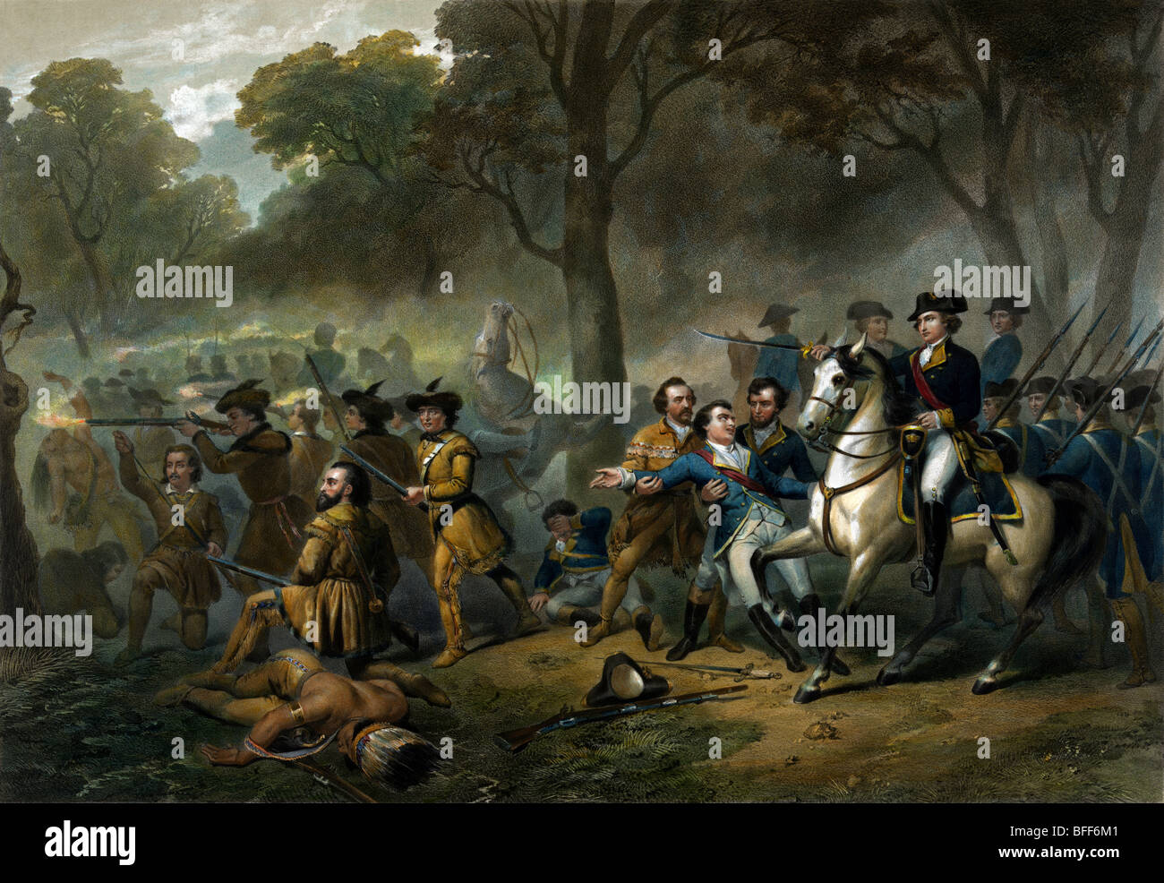 Stampa raffigurante il futuro presidente degli Stati Uniti George Washington, a cavallo, in azione durante la Battaglia di Monongahela nel 1755. Foto Stock
