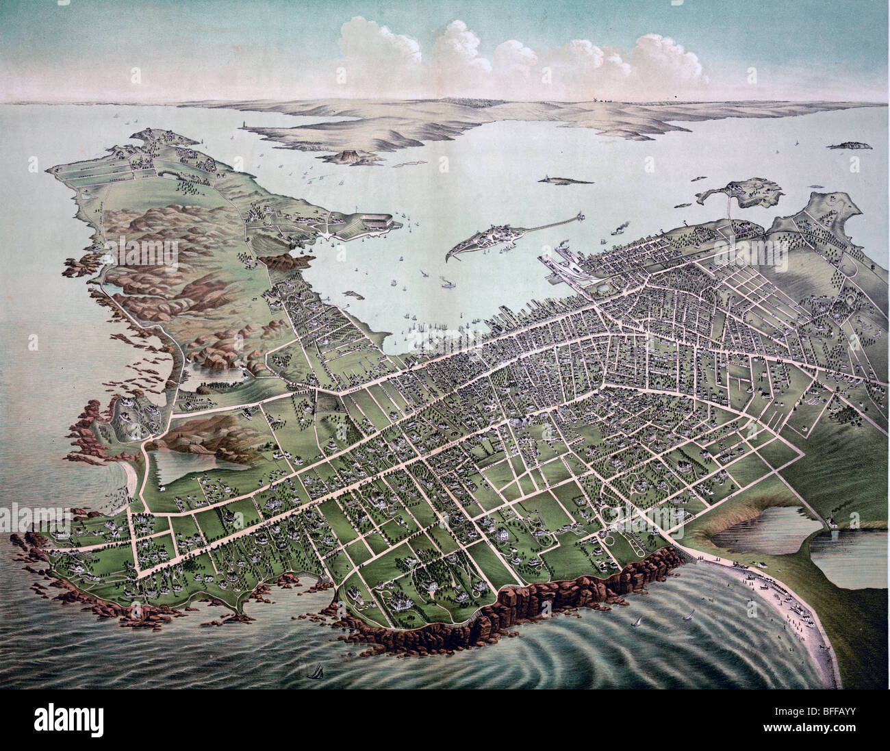 Birds Eye view di Newport, Rhode Island, circa 1879 Foto Stock