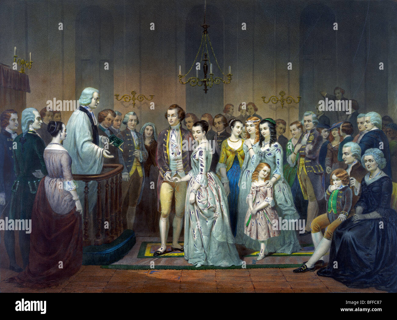 Stampa raffigurante il matrimonio del futuro presidente degli Stati Uniti George Washington (1732 - 1799) e Martha Dandridge Custis (1731 - 1802). Foto Stock