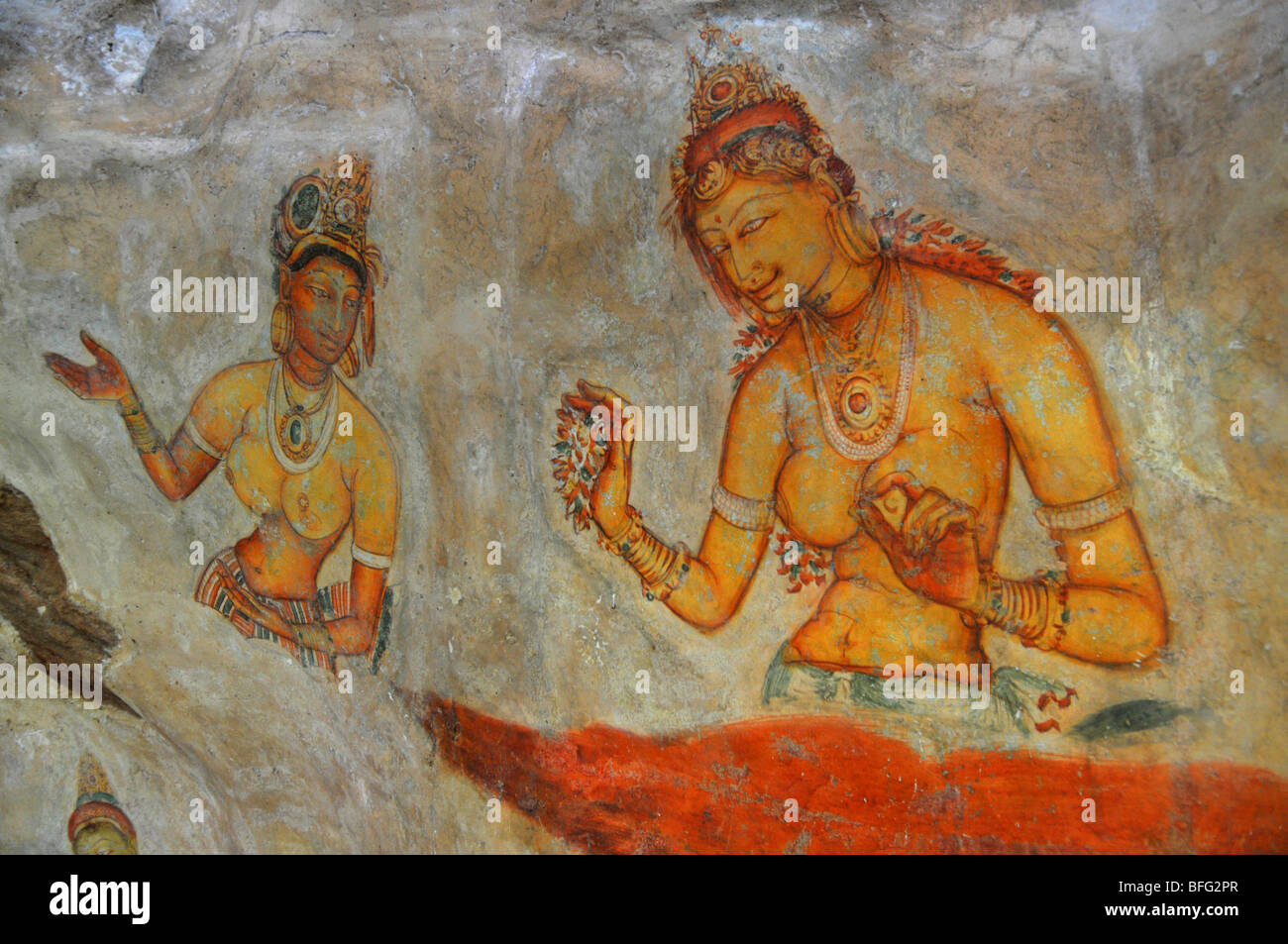 Sigriya pitture murali, Sri Lanka, murale di Asparas o spiriti femmina a Sigriya rock fortezza, Sri Lanka Foto Stock