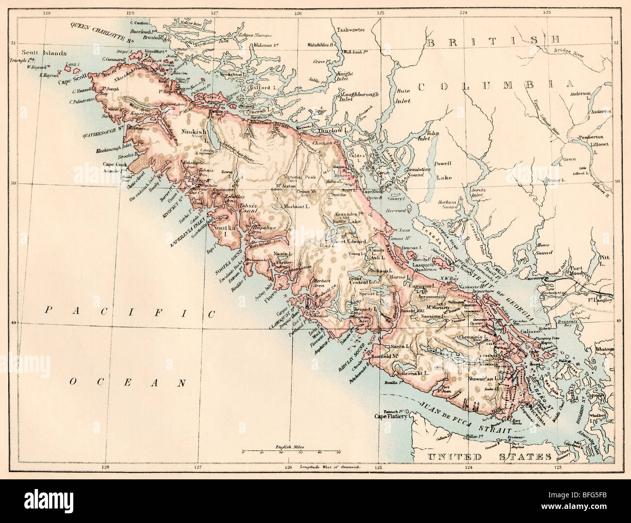 Mappa di Isola di Vancouver, British Columbia, Canada, 1870s. Litografia a colori Foto Stock