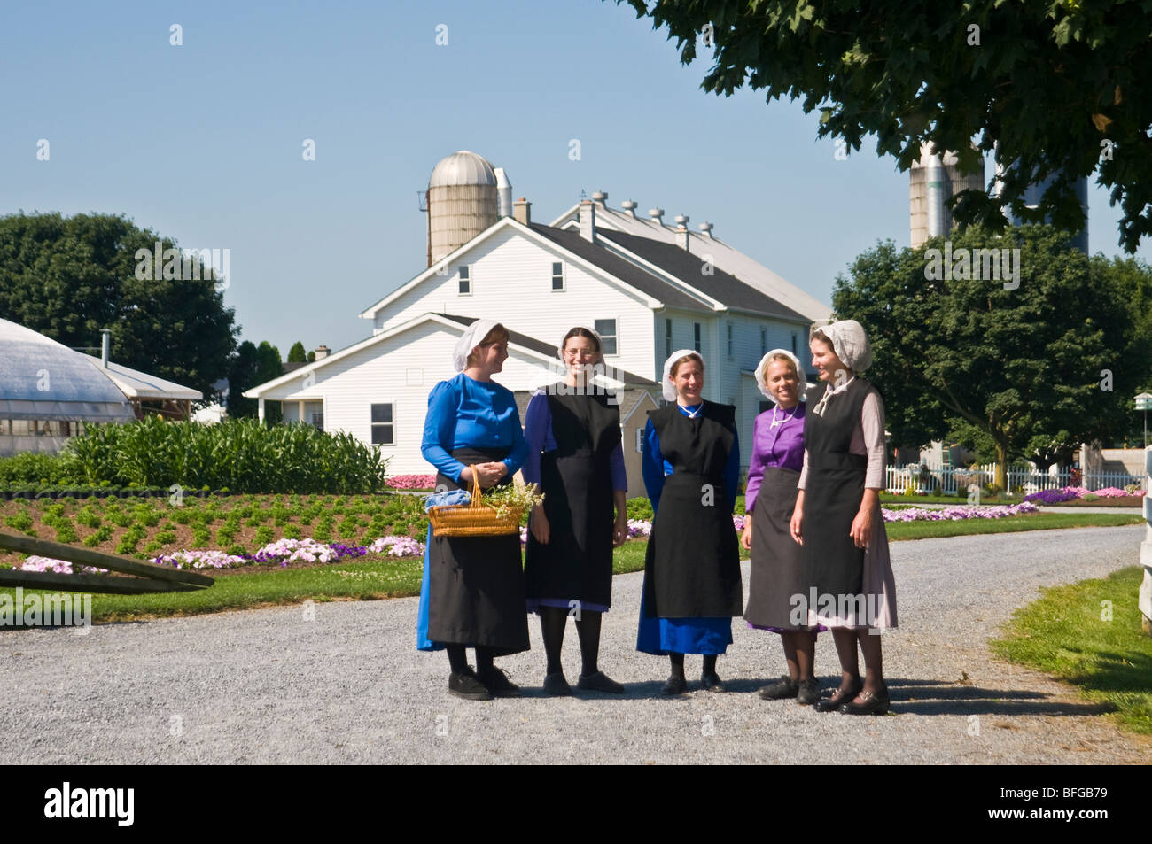 Giovani donne amish amici percorrendo a piedi il paese lane road in Lancaster PA. casalinghe Foto Stock