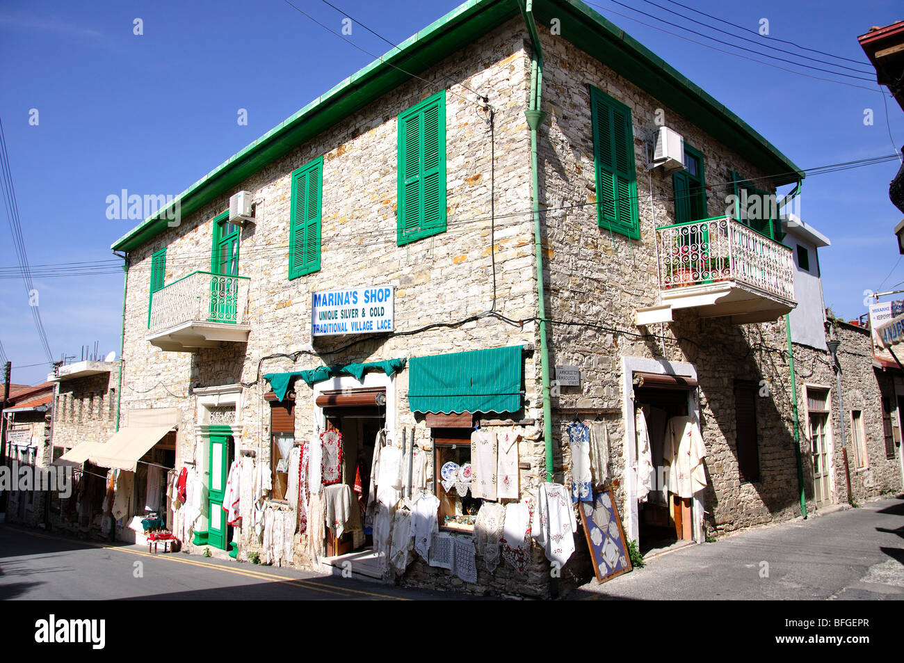 Negozio di ricami tradizionali, Lefkara, Distretto di Larnaca, Cipro Foto Stock
