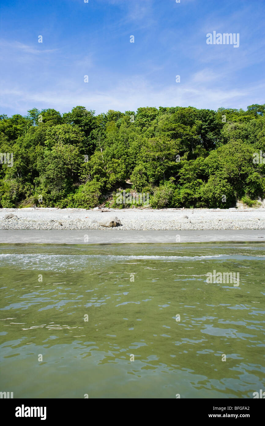 Una vista della spiaggia rocciosa area del punto Whitehorn riserva marina e il parco, Wahatcom County, Washington, Stati Uniti d'America. Foto Stock