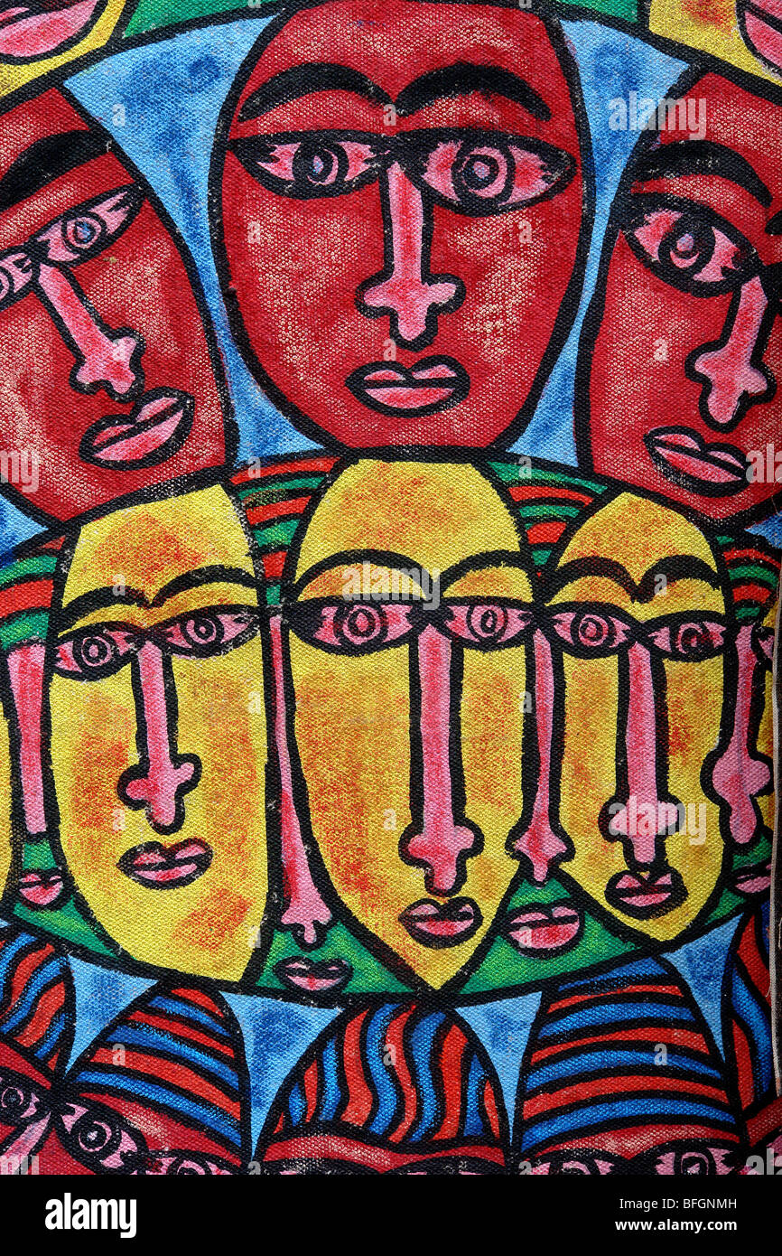 Tessuto dipinto raffigurante il volto umano. Foto Stock