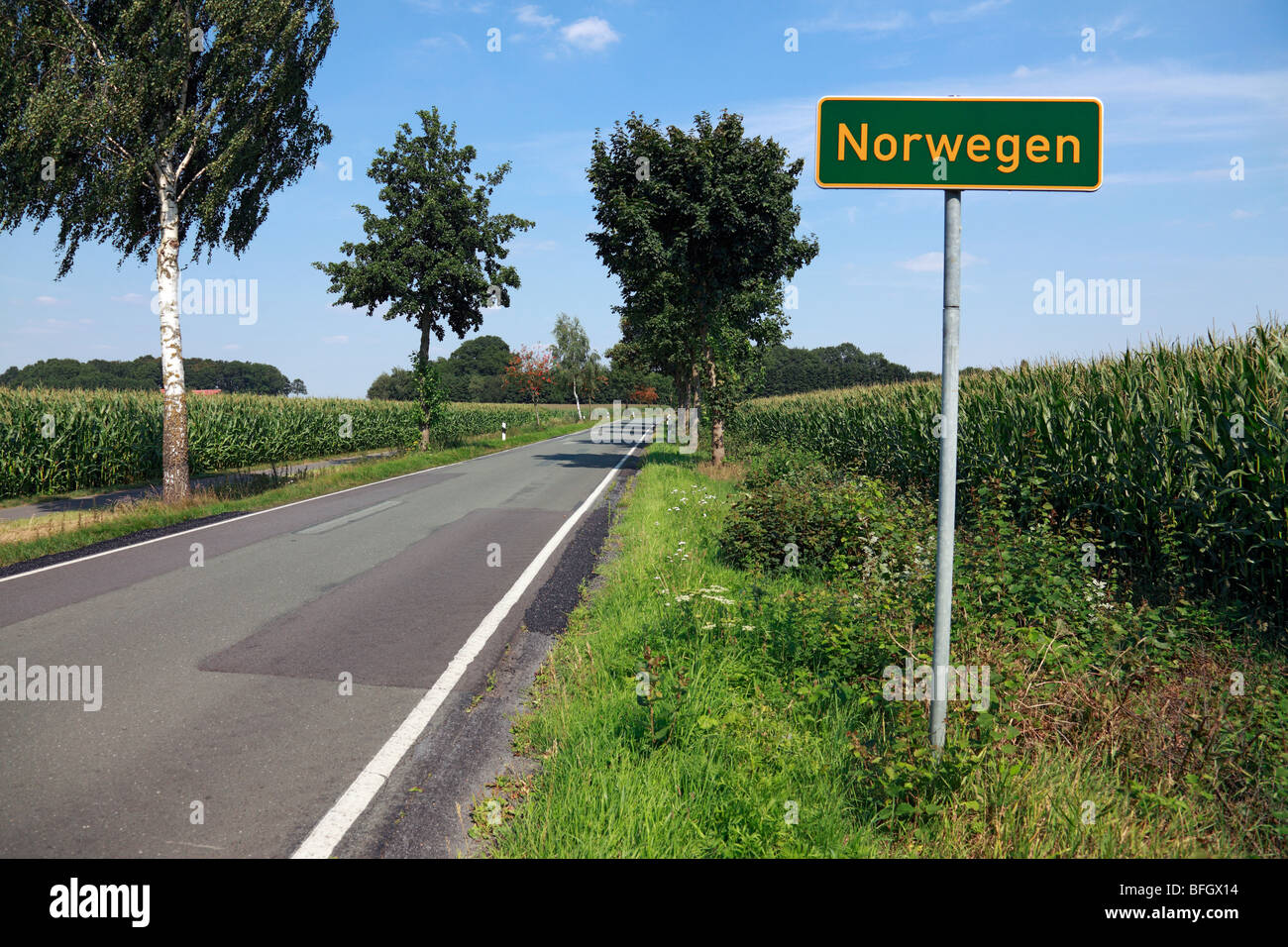D-Lastrup, Hase valley, Oldenburger Muensterland, Bassa Sassonia, D-Lastrup-Norwegen, città segno limite di Norvegia, paese road, cornfield, campo di mais Foto Stock