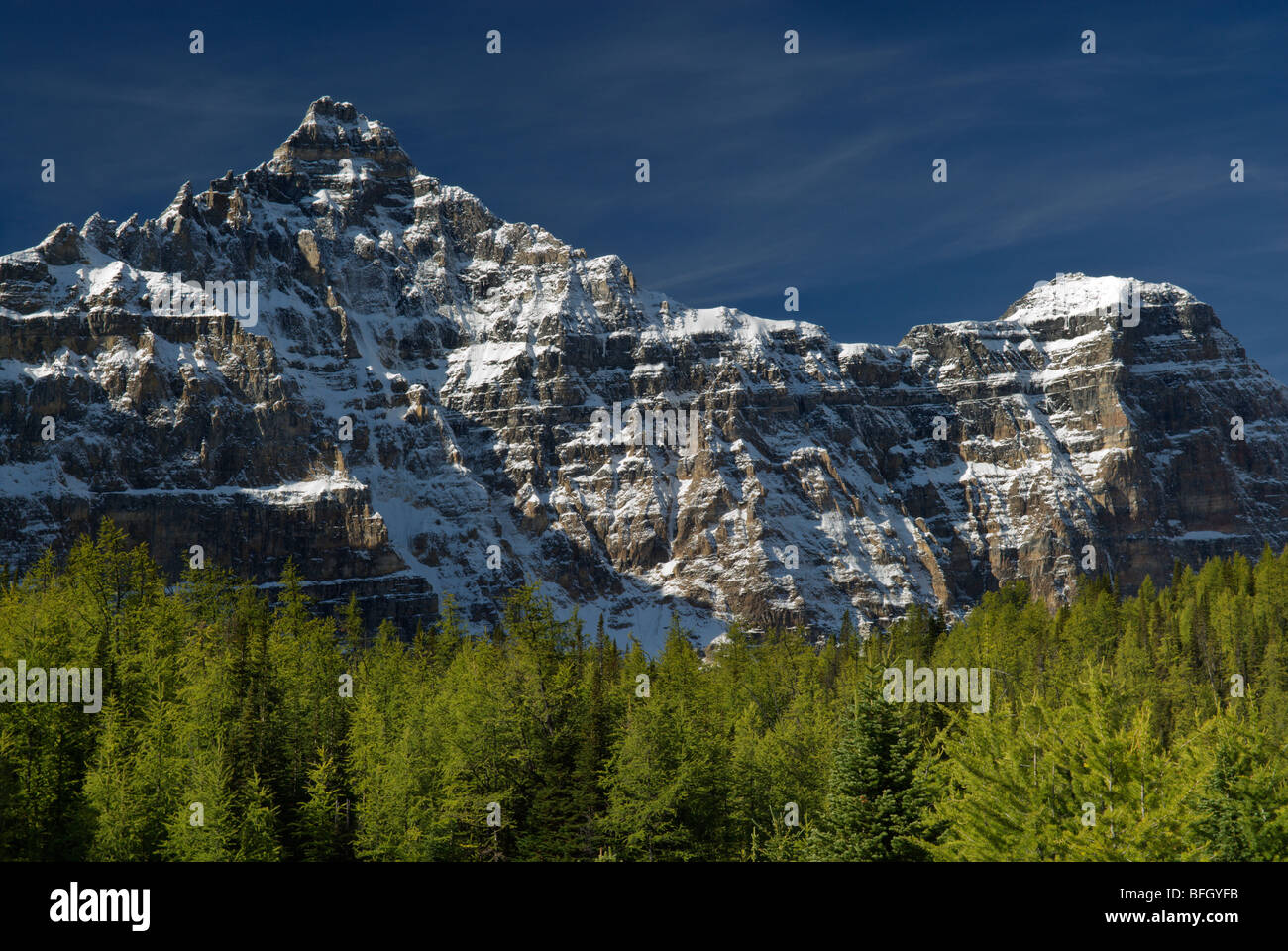 Picchi Wenkchemna, larice Valley Trail, il Parco Nazionale di Banff, Alberta, Canada Foto Stock